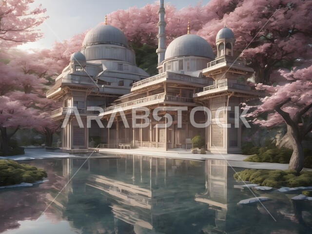 رسم توضيحي لمسجد محاط بالازهار الربيعية الوردية بجانب بحيرة ماء، ديكورات وتصاميم اسلامية مرسومة على طريقة الأنمي، الفن الهندسي المعماري، تصميم لجامع إسلامي على الطراز العريق