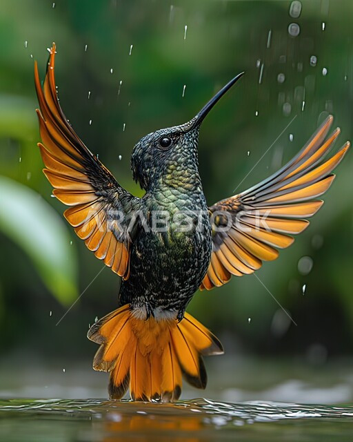 تجمع بركة مائية من مياه الأمطار الغزيرة, صورة مقربة لطائر الشمس مع قطرات المطر المنعشة،  محمية طبيعية برية لتربية ورعاية الطيور في المملكة العربية السعودية، عصفور ملون بألوان زاهية ومميزة