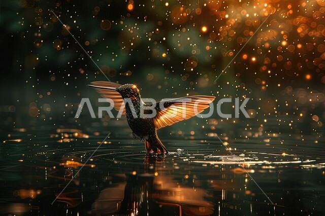 عصفور ملون بألوان زاهية ومميزة, طائر الشمس مع قطرات المطر المنعشة، تجمع بركة مائية من مياه الأمطار الغزيرة, محمية طبيعية برية لتربية ورعاية الطيور في المملكة العربية السعودية