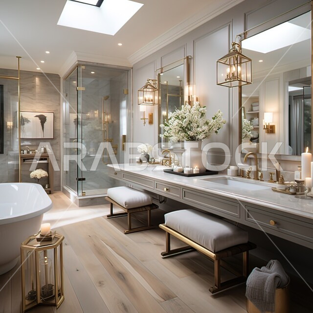 دورة مياه رخاميه راقية في أحد المباني السكنيه، التصاميم الداخلية والديكورات الحديثة للحمامات وأحواض الاستحمام الفاخرة، شقق وفلل سياحية في السعودية، حمام داخلي عصري في منزل حديث