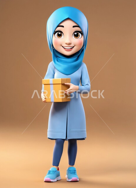 الوقوف باستقامة و النظر بإيماءات السعادة والسرور، رسم كرتوني ثلاثي الابعاد لفتاة مسلمة ترتدي حجاب باللون الازرق تحمل بيدها صندوق هدايا، رموز إسلامية دينية، خلفية بنية