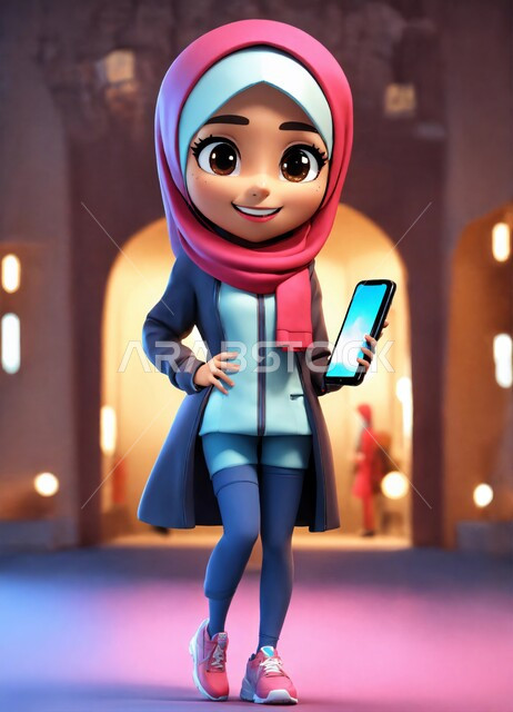 استخدام الموبايل و التقنيات الحديثة، إيماءات السعادة والسرور، رسم كرتوني ثلاثي الابعاد لفتاة مسلمة محجبة تحمل بيدها الهاتف المحمول تنظر بابتسامة
