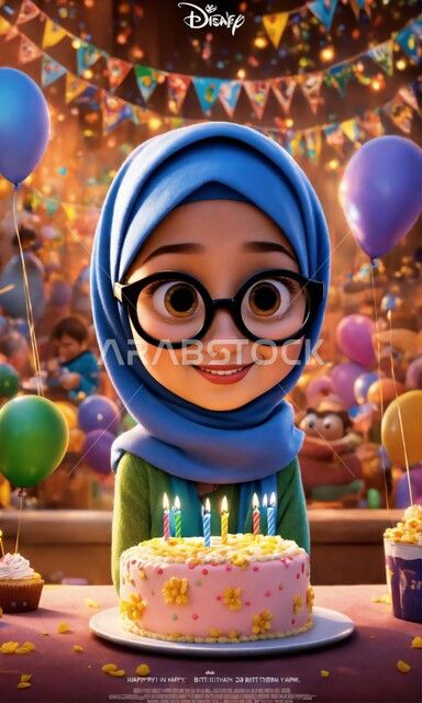 The concept of celebrating birthdays and blowing out candles, gestures of happiness and pleasure, a 3D cartoon drawing of a veiled Muslim girl wearing sunglasses with a party cake next to her