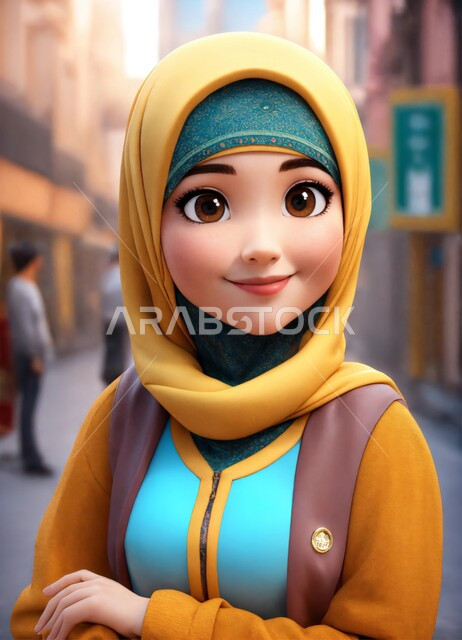 النظر إلى الكاميرا بإيماءات السعادة والسرور، رسم كرتوني ثلاثي الابعاد لفتاة مسلمة محجبة مبتسمة، رموز إسلامية دينية