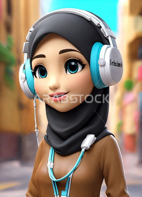 Using headphones and advanced technologies, a 3D cartoon drawing of a Muslim girl wearing a black hijab, gestures of happiness and pleasure, Islamic religious symbols