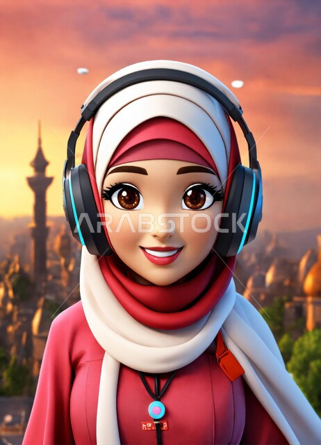 رسم كرتوني ثلاثي الابعاد لفتاة مسلمة ترتدي الحجاب الأبيض، استخدام سماعة الرأس والتقنيات المتطورة، إيماءات السعادة والسرور، رموز إسلامية دينية