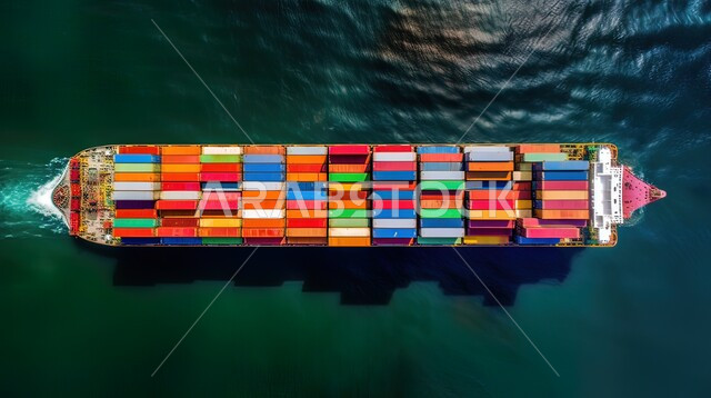  استخدام الوسائل المتطورة الحديثه في الإستيراد والتصدير، صورة مقربة من الاعلى لسفينة وسط البحرتقوم بنقل البضائع والشحن والملاحة، التبادل التجاري البحري في المملكة العربية السعودية