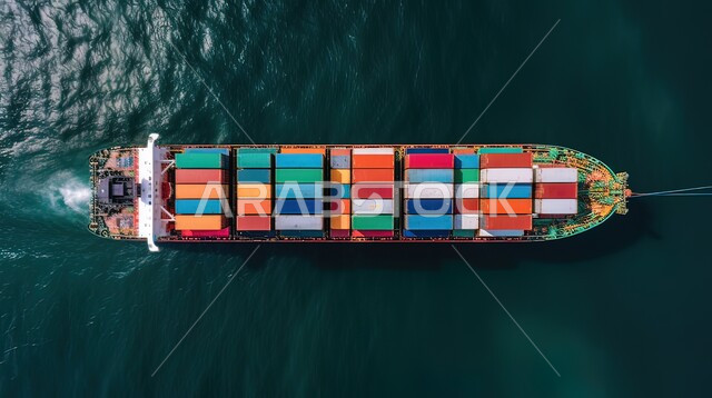  صورة من الاعلى لسفينة وسط البحرتقوم بنقل البضائع والشحن والملاحة، التبادل التجاري البحري في المملكة العربية السعودية، استخدام الوسائل المتطورالحديثه في الإستيراد والتصدير