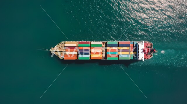  التبادل التجاري البحري في المملكة العربية السعودية، استخدام الوسائل المتطورالحديثه في الإستيراد والتصدير، صورة من الاعلى لسفينة وسط البحرتقوم بنقل البضائع والشحن والملاحة