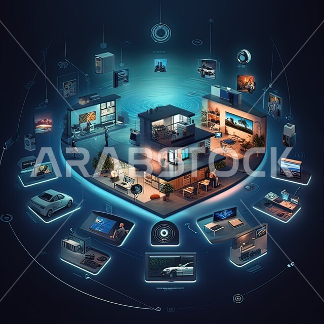 عرض ثلاثي الأبعاد لمنزل مصمم بتقنيات حديثة, شاشة الكترونية مع مجموعة من التقنيات، تصاميم عصرية فاخرة لمنزل ذكي، الفن الهندسي المعماري على الطراز الحديث والمتطور, تكنولوجيا المستقبل المتقدمة