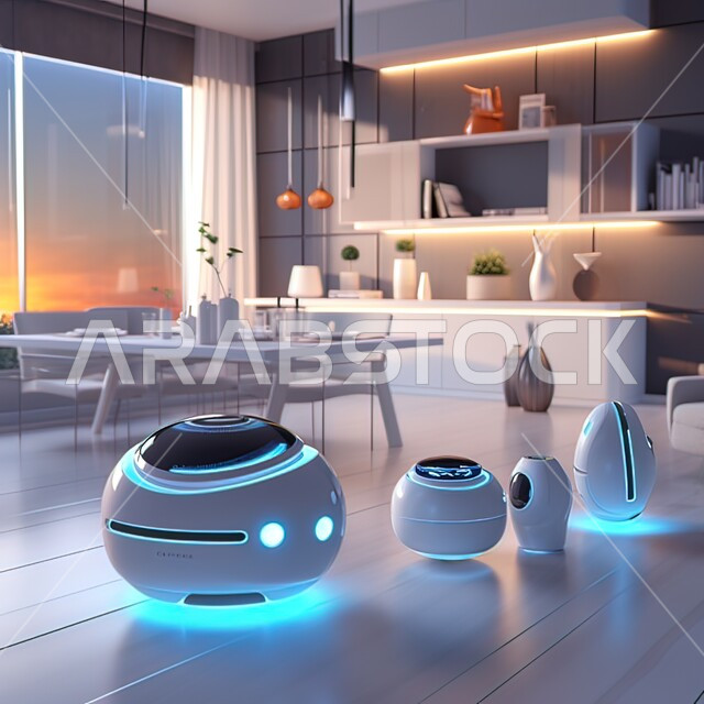 The concept of development and digital transformation, a 3D image of a smart speaker in a modern kitchen, a digital background for advanced technology, Saudi future vision 2030, tourist residential apartments and villas, enjoying keeping up with progress