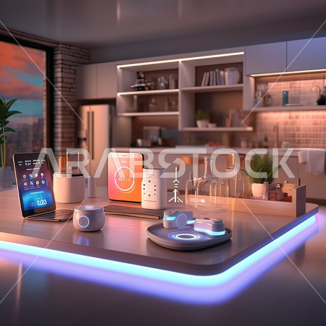 الاستمتاع بمواكبة التقدم، استخدام الأجهزة والتقنيات الحديثة ، مفهوم التطور والتحول الرقمي، شقق وفلل سكنية سياحية، صورة ثلاثية الأبعاد لمكبر الصوت الذكي في مطبخ عصري، رؤية مستقبل سعودية 2030، خلفية رقمية للتكنولوجيا المتطور