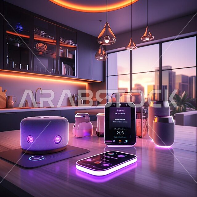 صورة ثلاثية الأبعاد لمكبر الصوت الذكي في مطبخ عصري، الاستمتاع بمواكبة التقدم، استخدام الأجهزة والتقنيات الحديثة، رؤية مستقبل سعودية 2030، مفهوم التطور والتحول الرقمي، شقق وفلل سكنية سياحية، خلفية رقمية للتكنولوجيا المتطورة