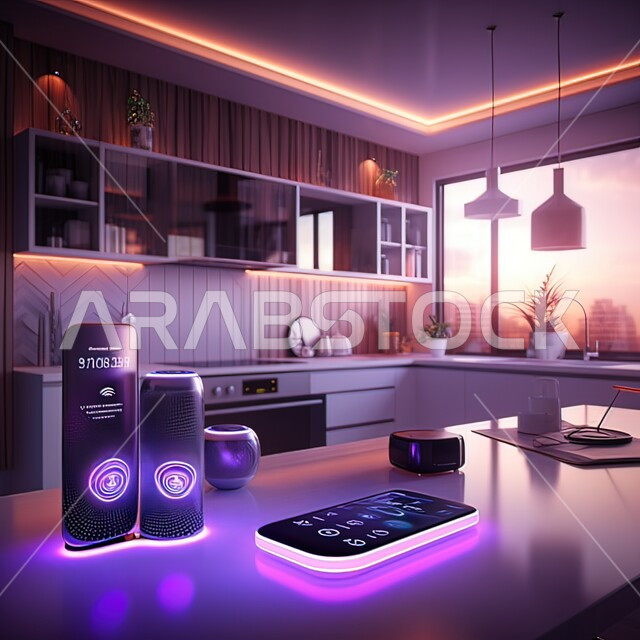 استخدام الأجهزة والتقنيات الحديثة، رؤية مستقبل سعودية 2030، شقق وفلل سكنية سياحية، الاستمتاع بمواكبة التقدم، مفهوم التطور والتحول الرقمي، صورة ثلاثية الأبعاد لمكبر الصوت الذكي في مطبخ عصري، خلفية رقمية للتكنولوجيا المتطورة