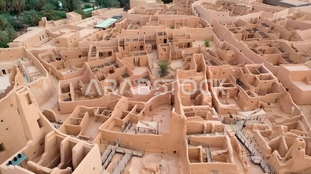 الفن الهندسي المعماري القديم لأسوار قصر سلوى في البجيري في مدينة الرياض، مناطق السياحة التراثية في السعودية، صورة جوية للمباني الأثرية والبيوت الطينية في حي الطريف في الدرعية، معالم أثرية تاريخية قديمة