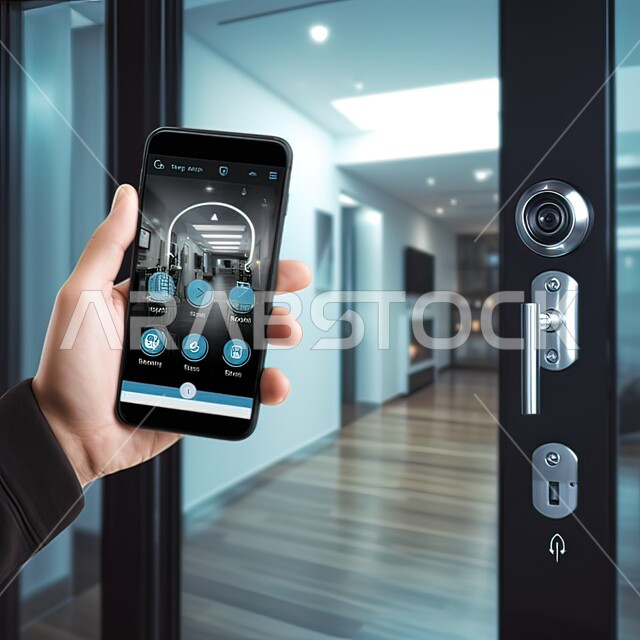 استخدام الأجهزة والتقنيات الحديثة، صورة مقربة ليد رجل عربي سعودي خليجي يحمل بيده هاتف محمول مع نظام أتمتة المنزل، رؤية مستقبل سعودية 2030، شقق وفلل سكنية سياحية، الاستمتاع بمواكبة التقدم،  مفهوم التطور والتحول الرقمي