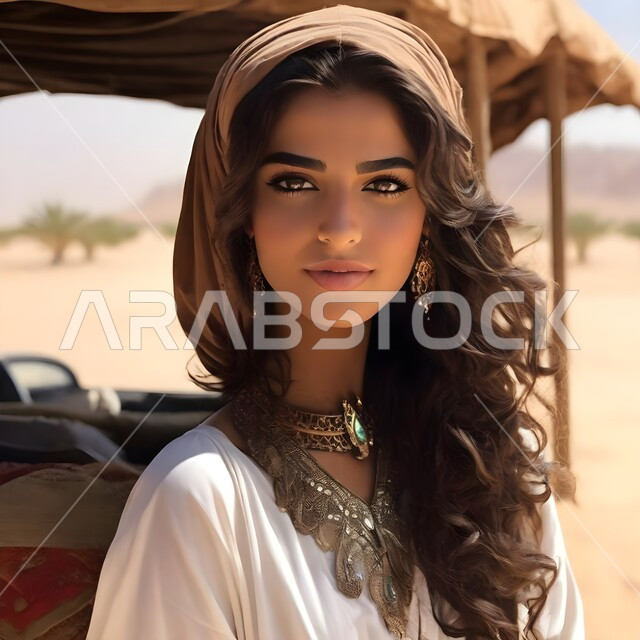 التنزه في الهواء الطلق، مفهوم الأنوثة والنعومة والاهتمام بالمظهر الخارجي، أزياء محجبات عصرية راقية، فتاة عربية خليجية سعودية مبتسمة تضع غطاء الرأس تنظر الى الكاميرا بإيماءات السرور والفرح، خلفية الطبيعة الصحراوية