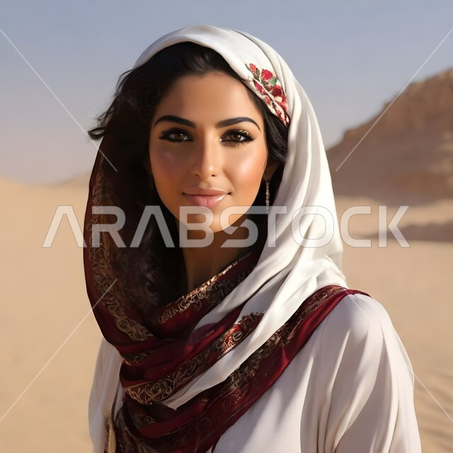 The concept of femininity, softness, and attention to external appearance, sophisticated modern veiled fashion, a smiling Saudi Arabian Gulf girl wearing a head covering, looking at the camera with gestures of pleasure and joy, hiking in the open air, desert nature background