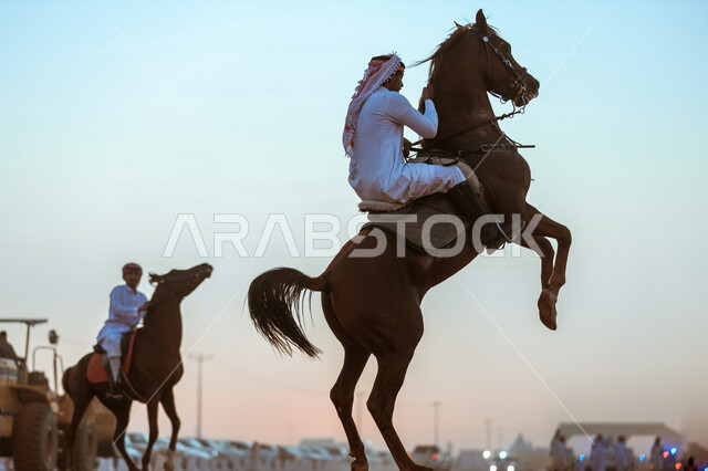 استذكار اليوم الوطني في 23 سبتمبر, شغف الفروسية وهواية ركوب الأحصنة، صورة من الخلف لفارس عربي خليجي سعودي يقوم بترويض وتدريب الجياد في إحدى المحميات الطبيعة, فعاليات ومهرجانات في المملكة, يوم بدينا 1727م, ذكرى تأسيس الدولة السعودية الأولى في 22 فبراير