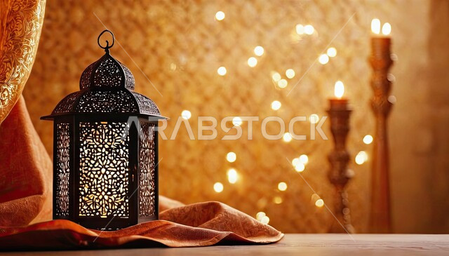 The advent of the month of goodness, a blessed Ramadan atmosphere, colorful and decorated metal lanterns, illuminated lantern designs, antiques and accessories for the holy month of Ramadan, decorations and lights for holidays and occasions, an Islamic background.