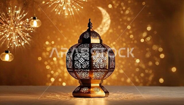 A blessed Ramadan atmosphere, colorful and decorated metal lanterns, illuminated lantern designs, antiques and accessories for the holy month of Ramadan, decorations and lights for holidays and events, may you be blessed, the arrival of the month of goodness, an Islamic background
