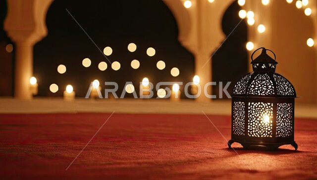 Colorful and decorated metal lanterns, illuminated lantern designs, antiques and accessories for the holy month of Ramadan, decorations and lights for holidays and occasions, may you be blessed, the advent of the month of goodness, an Islamic background