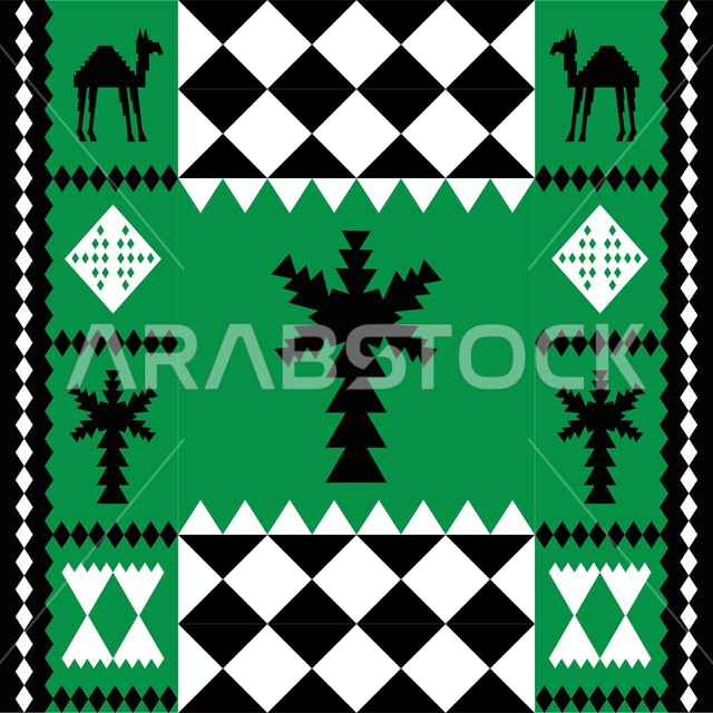 Heritage embroidery of the ancient Sadu ornament, the popular Asiri inscription, a traditional Saudi design of authentic Arabic inscriptions, northern culture in the Kingdom of Saudi Arabia, a colored background