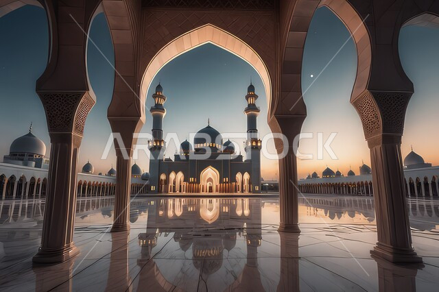 العباده والتقرب إلى الله ،دعوة المسلمين إلى الصلاه و أداء الفرائض الدينية, الفن الهندسي المعماري لمسجد مضيء في وقت الليل، المآذن والقبب على الطراز الإسلامي العصري الحديث، أماكن اسلامية مقدسة