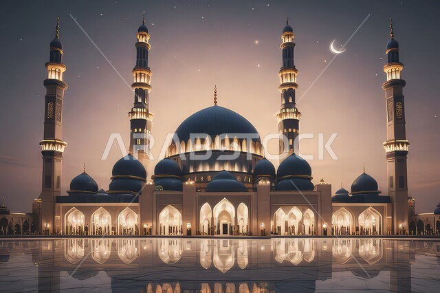 الفن الهندسي المعماري لمسجد مضيء في وقت الليل، المآذن والقبب على الطراز الإسلامي، أماكن اسلامية مقدسة، العباده والتقرب إلى الله ،دعوة المسلمين إلى الصلاه و أداء الفرائض الدينية, خلفية السماء المرصعة بالنجوم مع هلال شهر رمضان