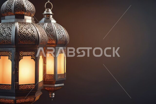 Traditional Islamic lanterns and antiques to celebrate the coming of the month of goodness, a close-up of two illuminated decorative metal Arabic lanterns, religious holidays and occasions, Ramadan atmosphere and Islamic spirituality