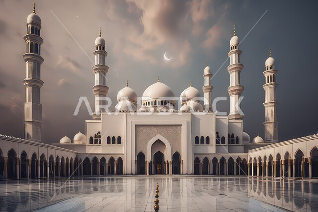 دعوة المسلمين إلى الصلاه و أداء الفرائض الدينية ،العباده والتقرب إلى الله, الفن الهندسي المعماري للمآذن والقبب على الطراز الإسلامي، أماكن اسلامية مقدسة، خلفية السماء المليئة بالغيوم