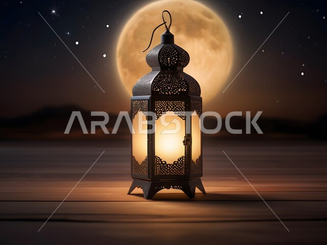 Ramadan and Islamic spiritual atmosphere, illuminated decorative metal Arabic lantern on a wooden surface, holidays and religious occasions, traditional Islamic lanterns and antiques to celebrate the coming of the month of goodness, background of the sky illuminated by the moon and stars