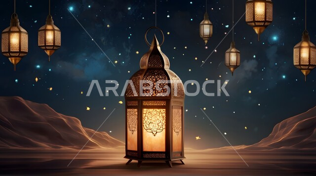أجواء رمضانية وروحانية إسلامية، فانوس عربي معدني مزخرف مضيء في الصحراء، الاعياد والمناسبات الدينية، فوانيس وتحف اسلامية تقليدية للاحتفال بقدوم شهر الخير، خلفية السماء المضاءة بالنجوم