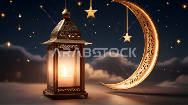 أجواء رمضانية وروحانية إسلامية، فانوس عربي معدني مزخرف مضيء على سطح خشبي بجانب هلال، الاعياد والمناسبات الدينية، فوانيس وتحف اسلامية تقليدية للاحتفال بقدوم شهر الخير، خلفية السماء المضاءة بالنجوم
