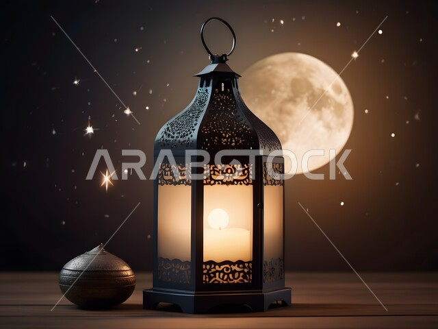 أجواء رمضانية وروحانية إسلامية، فانوس عربي معدني مزخرف مضيء على سطح خشبي، الاعياد والمناسبات الدينية، فوانيس وتحف اسلامية تقليدية للاحتفال بقدوم شهر الخير، خلفية السماء المضاءة بالنجوم