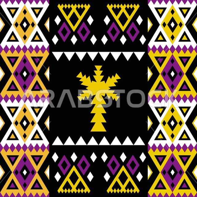 Colorful decorative designs and patterns, the popular style with the Arabian Sadu decoration, Arab heritage arts and inscriptions, northern culture in the Kingdom of Saudi Arabia, revival of Gulf heritage