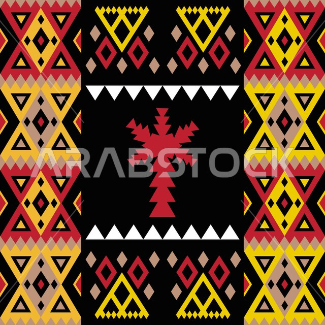 Arab heritage arts and inscriptions, folk style with Arabic Sadu decoration and engraving, northern culture in the Kingdom of Saudi Arabia, colorful decorative designs and patterns