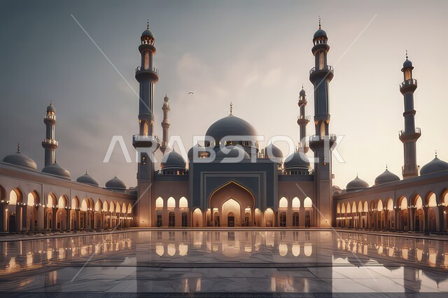 دعوة المسلمين إلى الصلاه و أداء الفرائض الدينية, الفن الهندسي المعماري لمسجد مضيء في وقت الليل، المآذن والقبب على الطراز الإسلامي العصري الحديث، أماكن اسلامية مقدسة، العباده والتقرب إلى الله