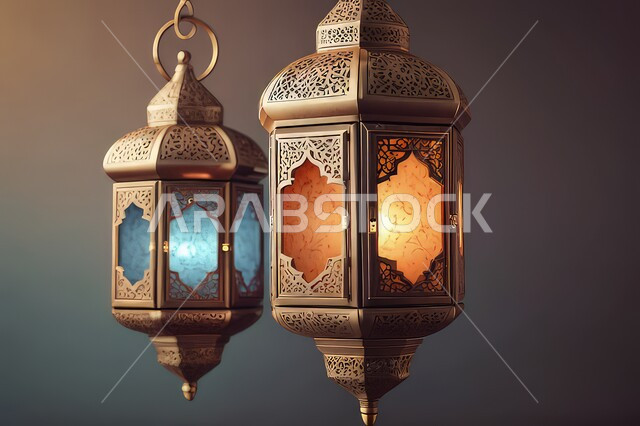 فانوسان عربيان معدنيان مزخرفان مضيئان معلقان ،أجواء اسلامية رمضانية وروحانية، المناسبات و الاعياد الدينية، فوانيس وتحف اسلامية تقليدية للاحتفال بقدوم شهر الخير