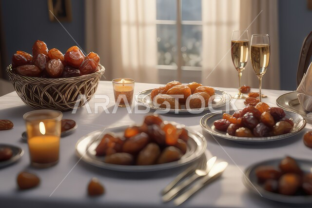 منتجات محلية وطنية ،مائدة الافطار بشهر رمضان ، المأكولات العربية السعودية اللذيذة ، صورة مقربة لطاولة مليئة بأطباق من التمور المتنوعه