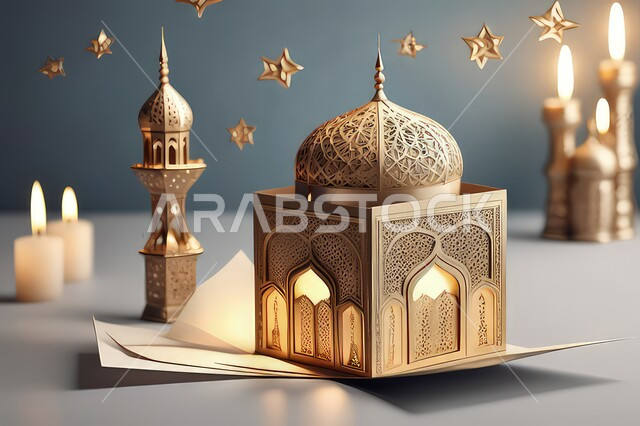 مجسمات ثلاثية الأبعاد للمساجد الاسلامية باللون الذهبي، تحف و اكسسوارات اسلامية تقليدية للاحتفال بقدوم شهر الخير،الاستعداد لاستقبال شهر رمضان المبارك، أجوار رمضانية روحانية