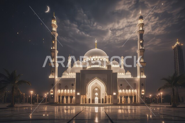 Domes and minarets in the modern Islamic style, worship and getting closer to God, calling Muslims to prayer and performing religious duties, holy Islamic places, the background of the sky full of clouds with the Ramadan crescent
