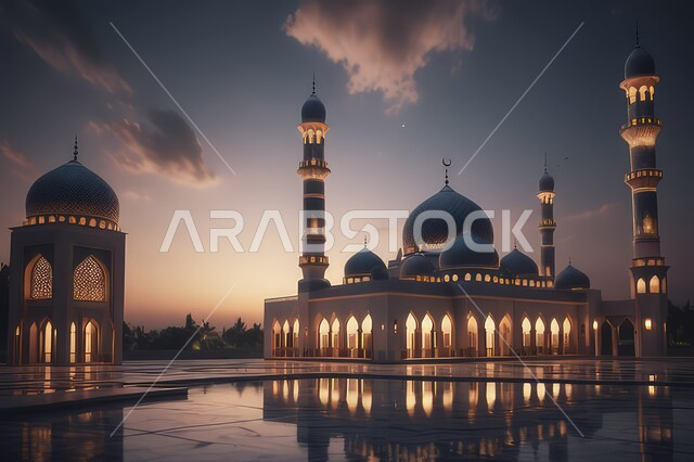 القبب و المآذن على الطراز الإسلامي العصري الحديث، العباده والتقرب إلى الله ،دعوة المسلمين إلى الصلاه و أداء الفرائض الدينية, الفن الهندسي المعماري لمساجد مضيئة وقت غروب الشمس، أماكن اسلامية مقدسة