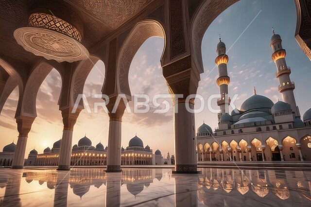 القبب و المآذن على الطراز الإسلامي العصري الحديث، العباده والتقرب إلى الله ،دعوة المسلمين إلى الصلاه و أداء الفرائض الدينية, الفن الهندسي المعماري لمساجد مضيئة وقت غروب الشمس، أماكن اسلامية مقدسة