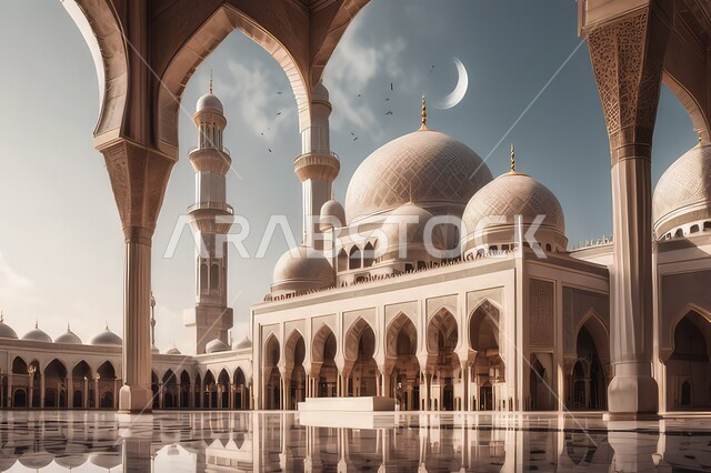 أماكن اسلامية مقدسة، العباده والتقرب إلى الله ،دعوة المسلمين إلى الصلاه و أداء الفرائض الدينية, الفن الهندسي المعماري للمآذن والقبب على الطراز الإسلامي، خلفية السماء مع الغيوم البيضاء وهلال شهر رمضان