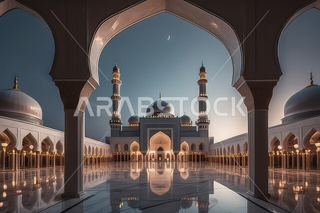 دعوة المسلمين إلى الصلاه و أداء الفرائض الدينية, الفن الهندسي المعماري لمسجد مضيء في وقت الليل، المآذن والقبب على الطراز الإسلامي العصري الحديث، أماكن اسلامية مقدسة، العباده والتقرب إلى الله، هلال شهر رمضان في السماء