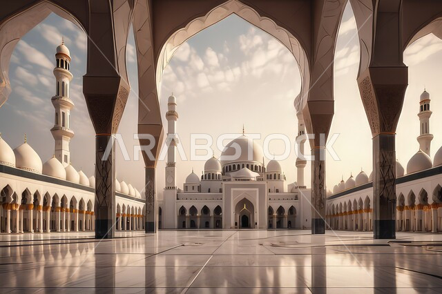 Worshiping and getting closer to God, calling Muslims to prayer and performing religious duties, architectural engineering art of minarets and domes in the Islamic style, Islamic holy places, the background of the sky full of clouds