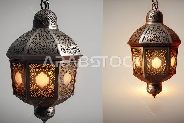 المناسبات و الاعياد الدينية، فوانيس وتحف اسلامية تقليدية للاحتفال بقدوم شهر الخير، صورة مقربة لفانوسان عربيان معدنيان مزخرفان مضيئان معلقان، أجواء رمضانية وروحانية إسلامية