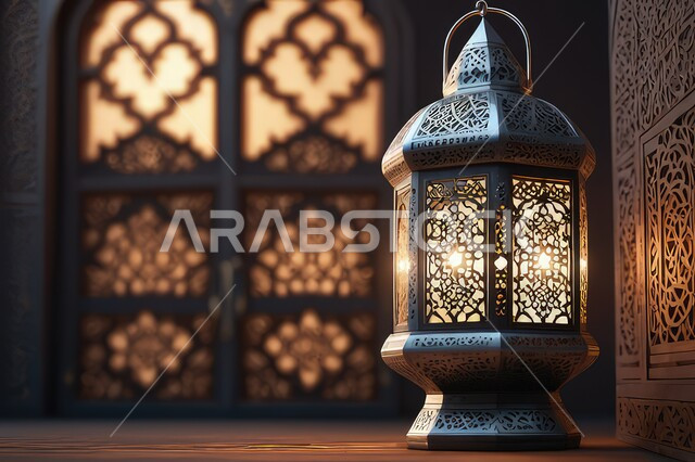 فانوس عربي معدني مزخرف مضيء، الاعياد والمناسبات الدينية، فوانيس وتحف اسلامية تقليدية للاحتفال بقدوم شهر الخير، خلفية رمضانية وروحانية إسلامية