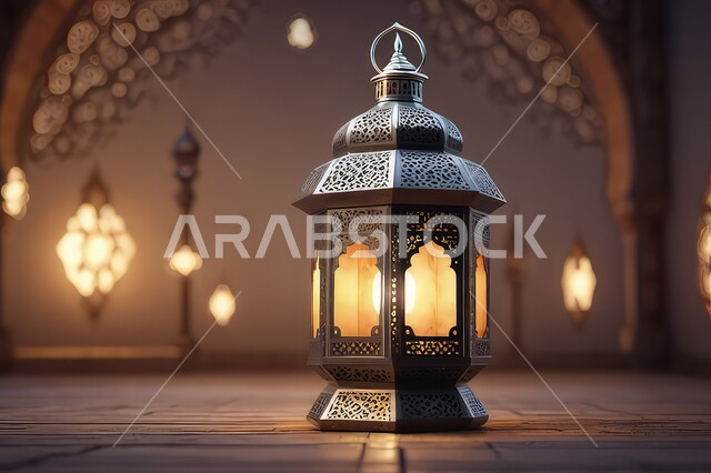 الاعياد والمناسبات الدينية، فوانيس وتحف اسلامية تقليدية للاحتفال بقدوم شهر الخير، فانوس عربي معدني مزخرف مضيء، خلفية رمضانية وروحانية إسلامية